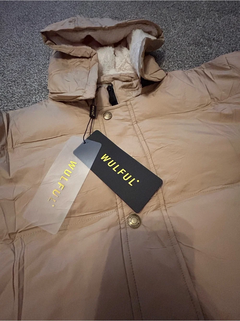 Kids Neutral Tan Puffer Jacket with Sherpa Hood -
